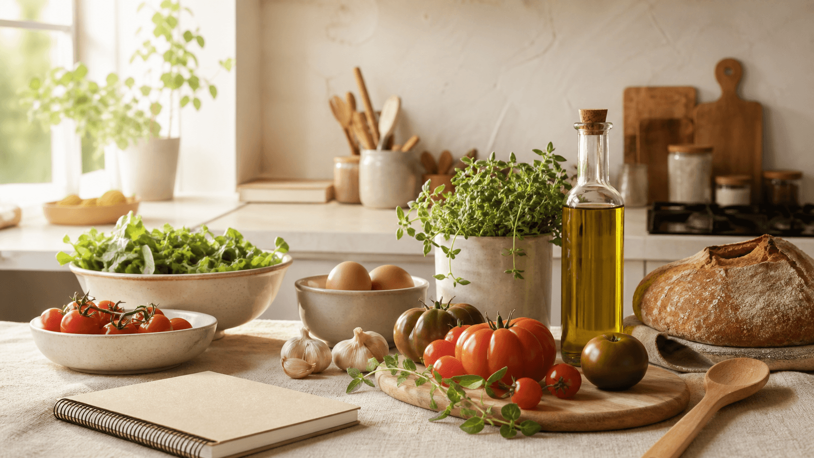 Mesa de cocina cálida con verduras frescas e ingredientes caseros